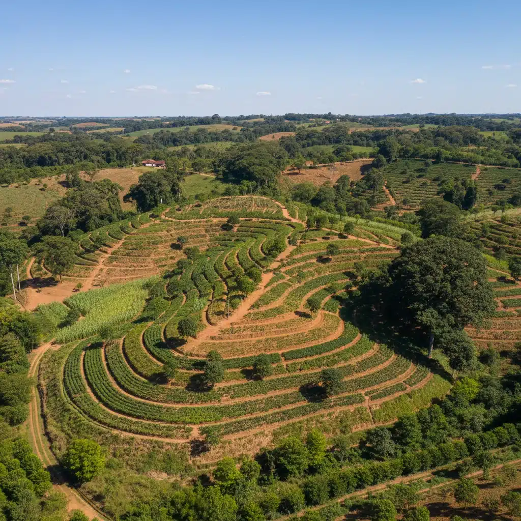 Sistema agroflorestal diverso no Brasil, com árvores nativas e diferentes culturas, representando a biodiversidade e o uso sustentável da terra.