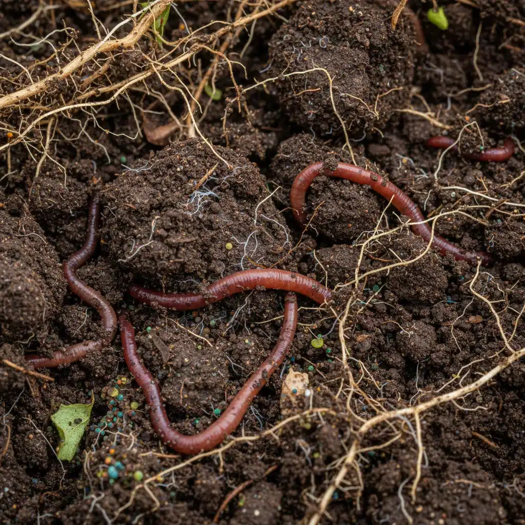 Solo fértil e rico em matéria orgânica, com minhocas e raízes de plantas de cobertura, evidenciando a saúde do solo.