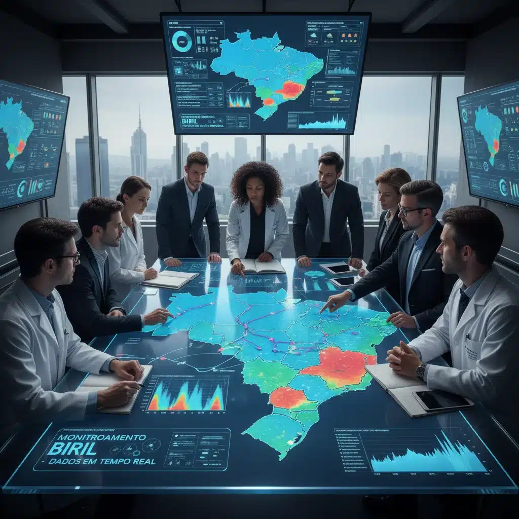 Equipe de especialistas analisando dados de gestão hídrica em um mapa digital, demonstrando o uso de tecnologia.