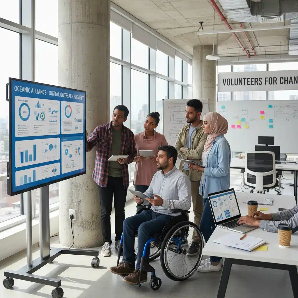Funcionários colaborando em um projeto de voluntariado baseado em habilidades, utilizando tecnologia para impacto social.