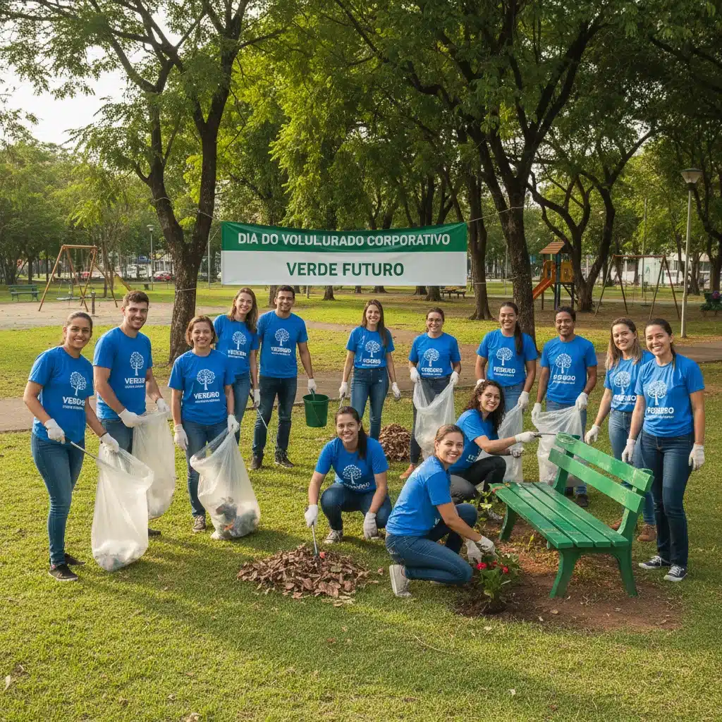 Jovens profissionais brasileiros em evento de voluntariado corporativo, limpando um parque público, simbolizando responsabilidade social empresarial.