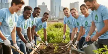 Equipe de funcionários voluntários plantando árvores em um projeto comunitário, simbolizando o impacto social do voluntariado corporativo.