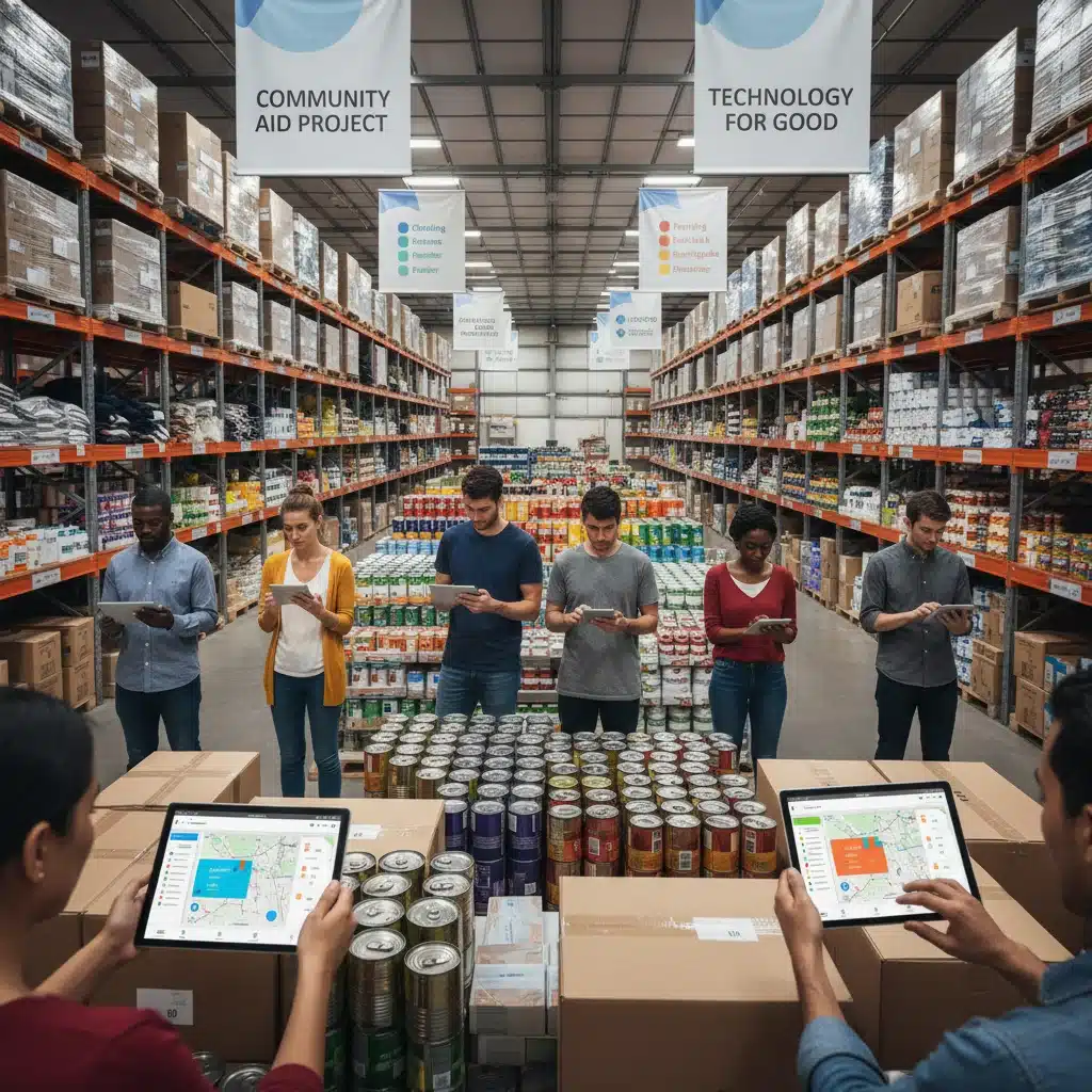 Voluntários usando aplicativo móvel para mapear doações em tempo real