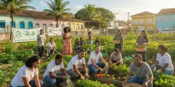 Grupo diverso de voluntários brasileiros trabalhando juntos em um jardim comunitário, simbolizando colaboração e impacto social.