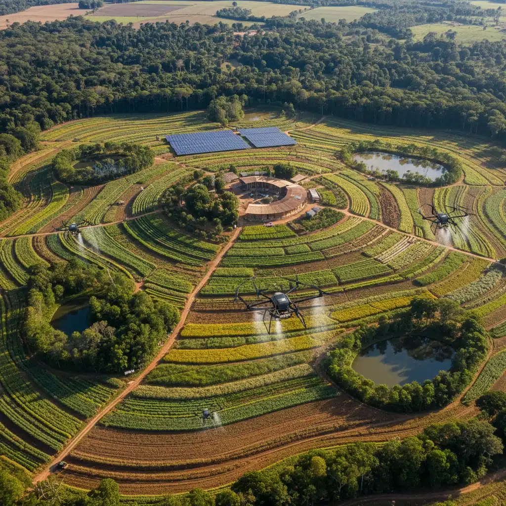 Vista aérea de fazenda sustentável no Brasil, com agricultura de precisão e culturas diversas.