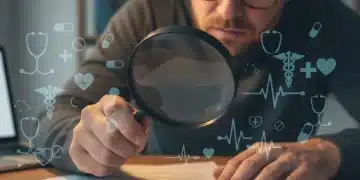 Pessoa analisando documentos de impostos com lupa, representando a busca por isenção para doenças graves.