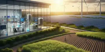 Campos verdes com tecnologia avançada, laboratório de biotecnologia e turbinas eólicas, simbolizando o investimento sustentável na bioeconomia brasileira.