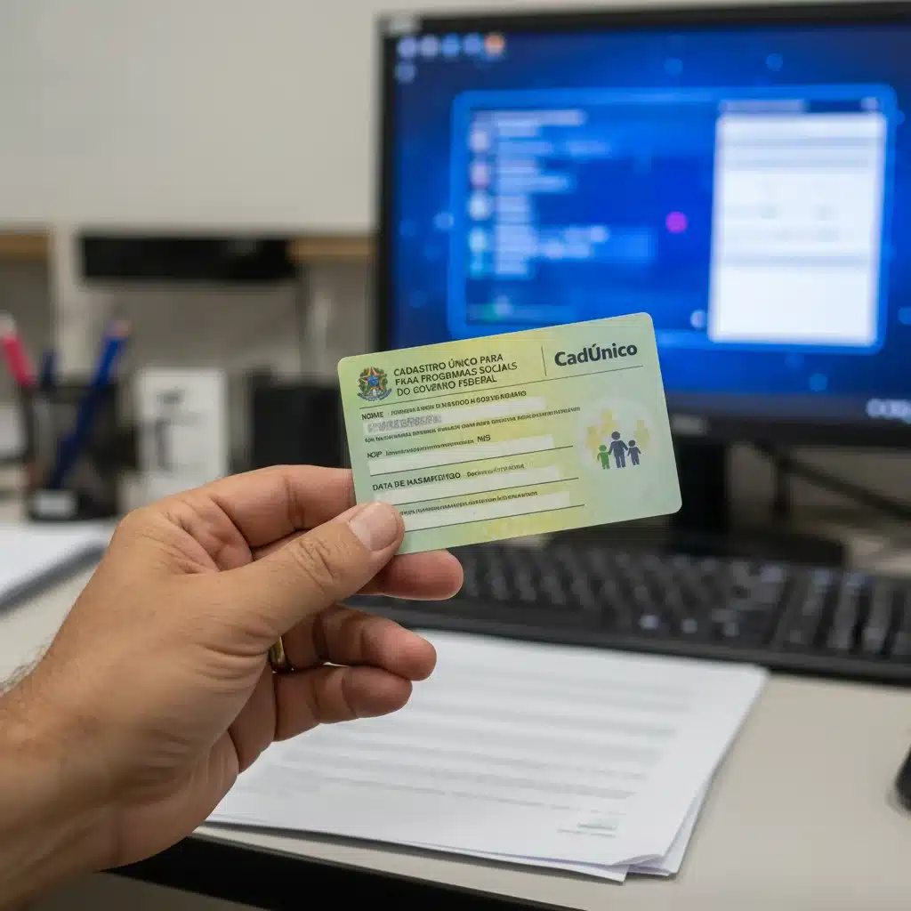 Mão segurando cartão do Cadastro Único, representando o processo de inscrição para o Auxílio-Gás.