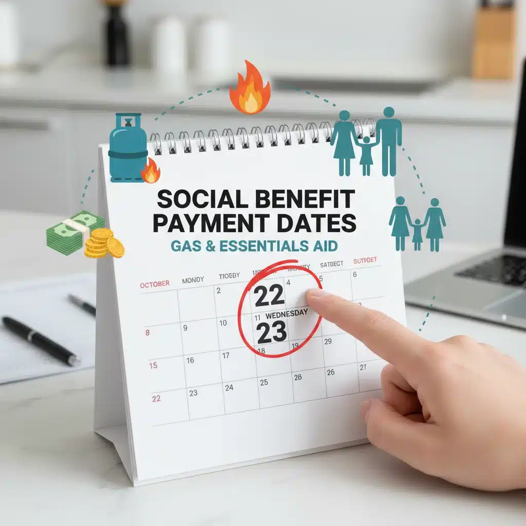 Calendário destacando datas de pagamento do Auxílio-Gás, com símbolos de dinheiro e gás.