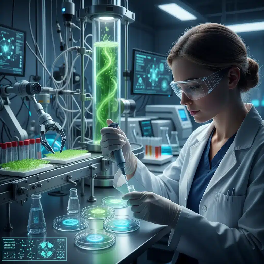 Cientista trabalhando em laboratório de biotecnologia, pesquisando soluções sustentáveis e inovadoras.
