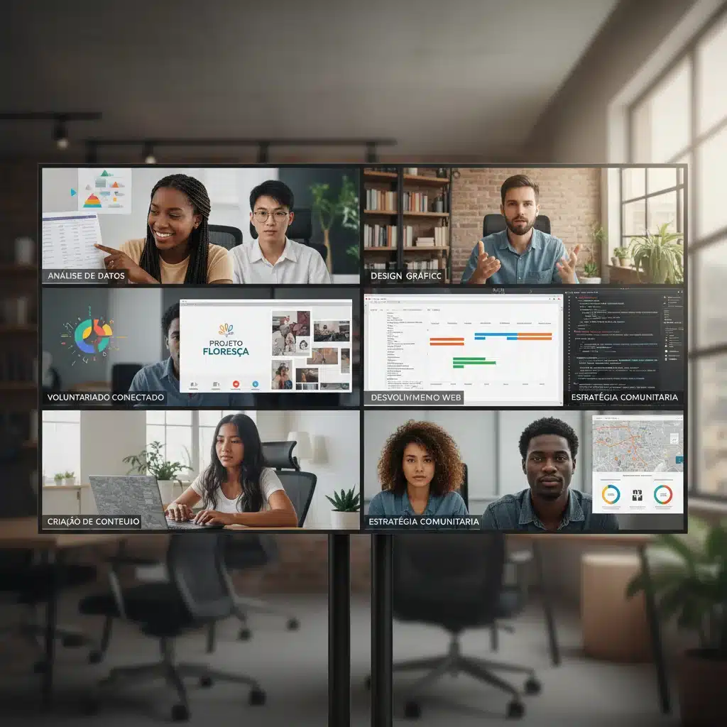 Voluntários online brasileiros colaborando em projetos digitais, mostrando a eficácia do trabalho remoto e a diversidade de habilidades.