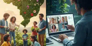 Comparativo entre voluntariado online e presencial no Brasil em 2026, mostrando pessoas engajadas em ambas as modalidades.