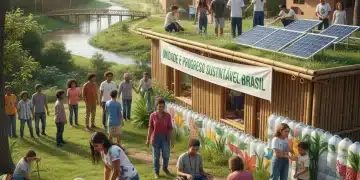 Comunidade brasileira colaborando em projeto de desenvolvimento sustentável, simbolizando união e progresso.