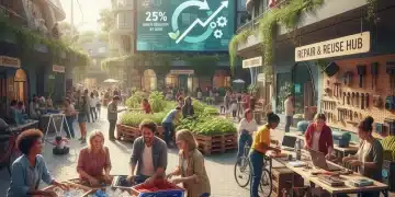 Comunidade engajada em práticas de economia circular, com pessoas reciclando e reparando itens.