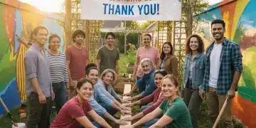 Membros da comunidade trabalhando juntos em um projeto bem-sucedido de financiamento coletivo.