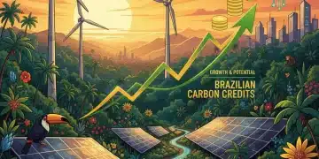 Paisagem brasileira com elementos de energia renovável e floresta, simbolizando créditos de carbono e sustentabilidade.