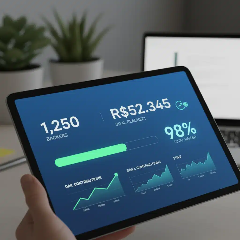 Painel digital de campanha de financiamento coletivo mostrando o progresso e o sucesso da arrecadação.