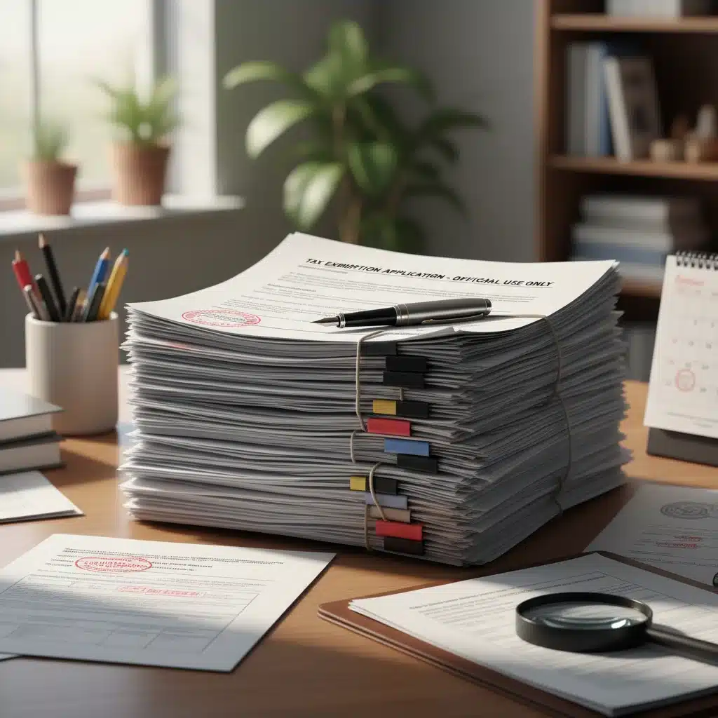 Pilha de documentos oficiais e caneta, representando a burocracia e a importância da documentação para a isenção fiscal.