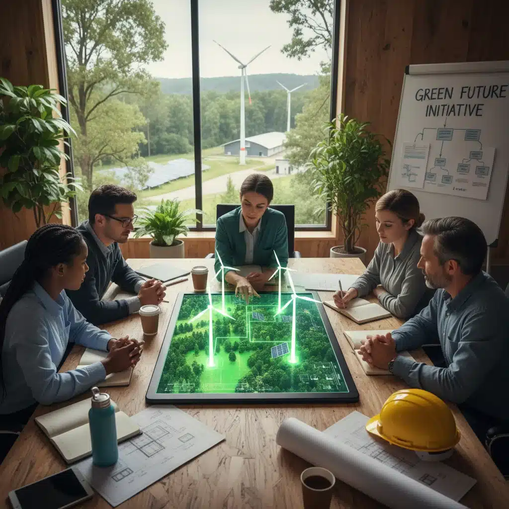 Profissionais colaborando em um projeto de sustentabilidade, analisando planos e tecnologia.