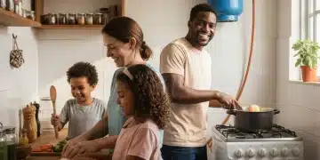 Família brasileira cozinhando feliz com Auxílio-Gás, simbolizando segurança alimentar e dignidade.