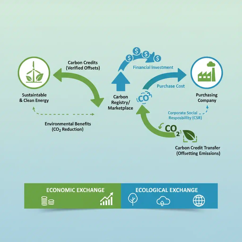Infográfico detalhando o fluxo de créditos de carbono entre projetos sustentáveis e empresas compradoras.