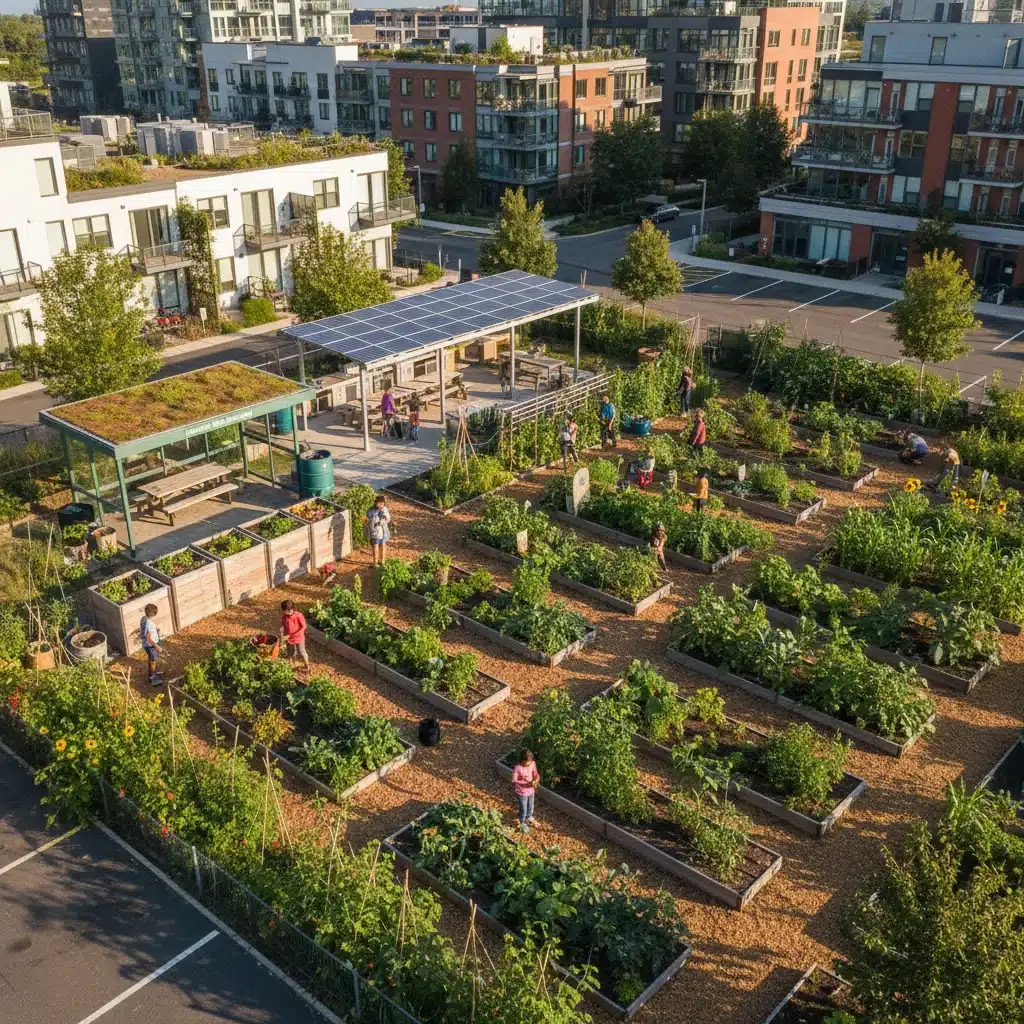 Horta comunitária urbana, demonstrando produção de alimentos local e compostagem.