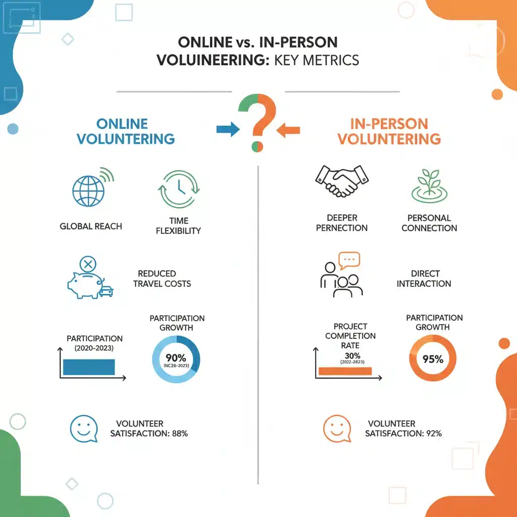 Infográfico detalhando as vantagens e desvantagens do voluntariado online versus presencial em termos de alcance e flexibilidade.