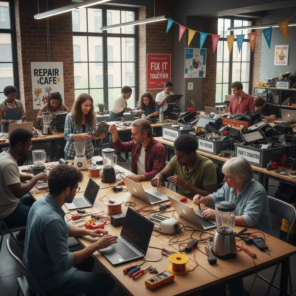 Oficina comunitária de reparo de eletrônicos, promovendo a reutilização e redução de lixo.