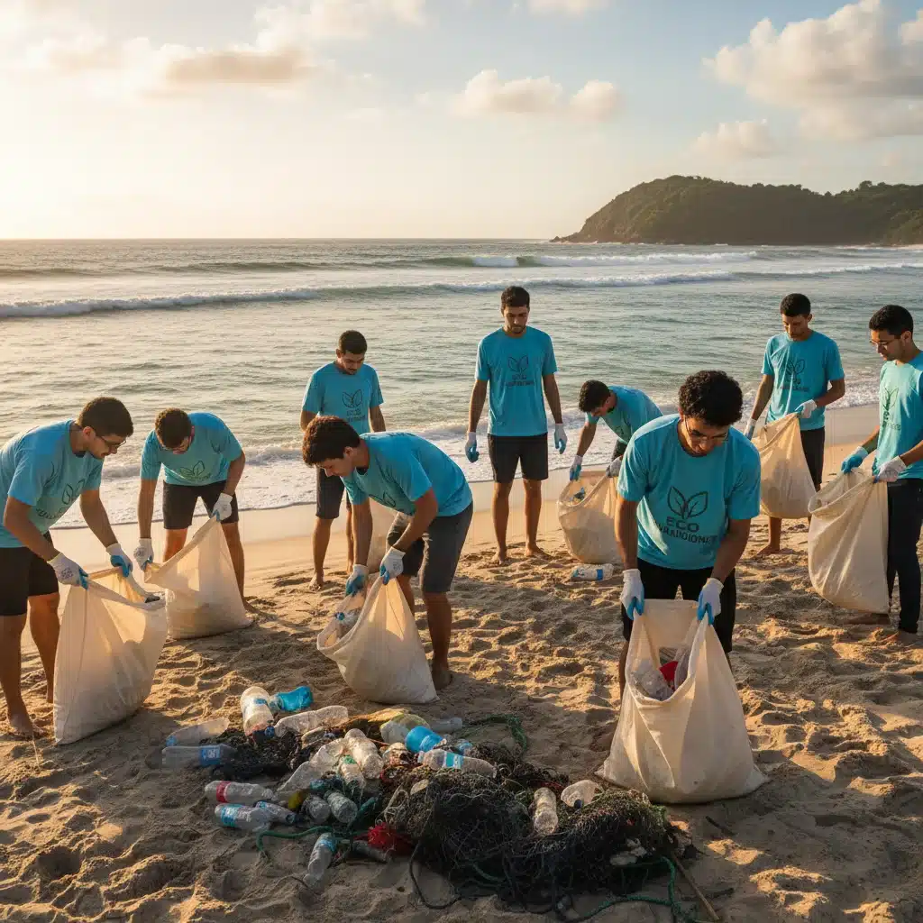 Grupo de jovens voluntários brasileiros recolhendo lixo plástico em uma praia, contribuindo para a conservação ambiental.