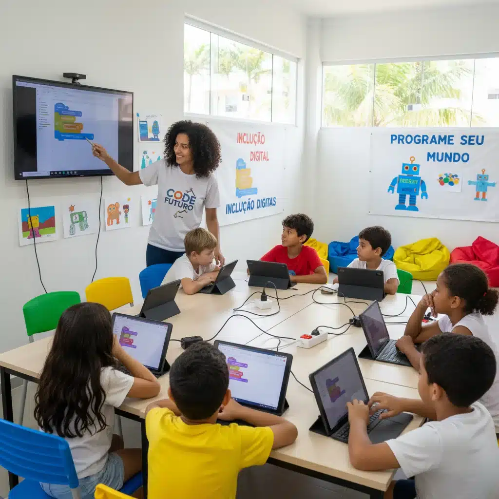 Estudante voluntário ensinando programação básica para crianças em um centro comunitário, promovendo inclusão digital.