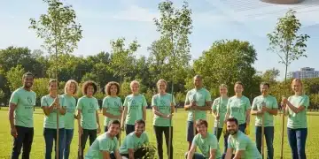 Voluntários diversos plantando árvores em um parque, simbolizando o impacto da nova legislação do voluntariado no Brasil.