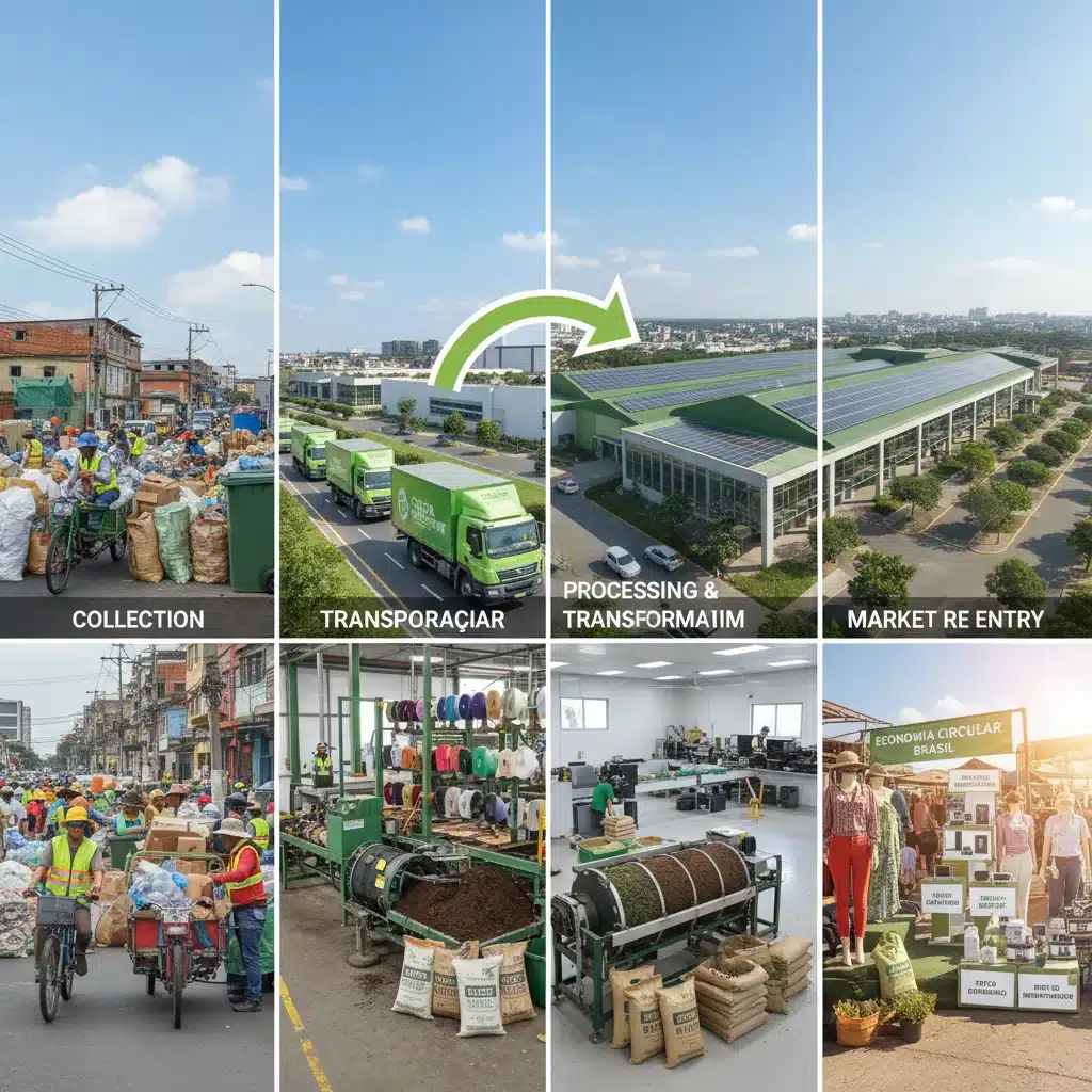 Cadeia de valor do resíduo no Brasil, mostrando coleta, processamento e transformação em novos produtos.