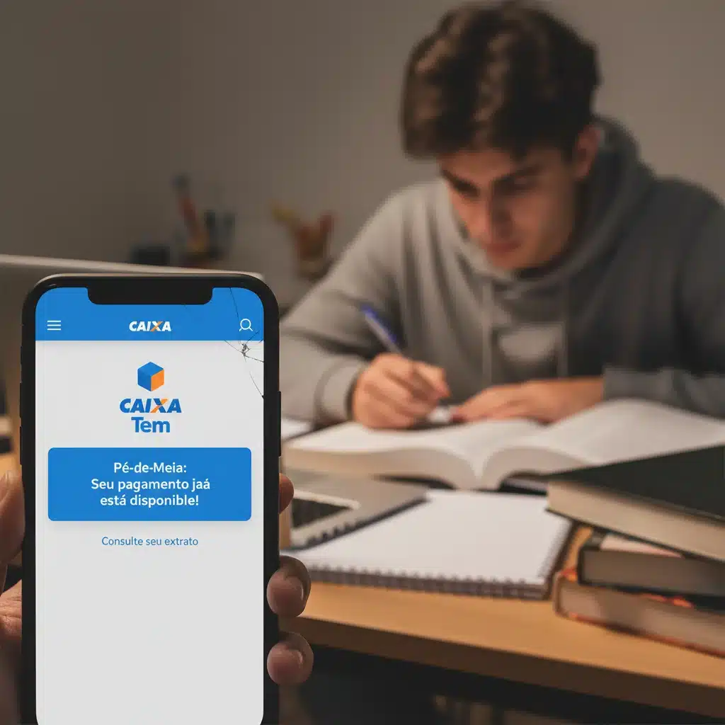 Tela de celular mostrando o aplicativo Caixa Tem com saldo do Pé-de-Meia e estudante focado nos estudos.