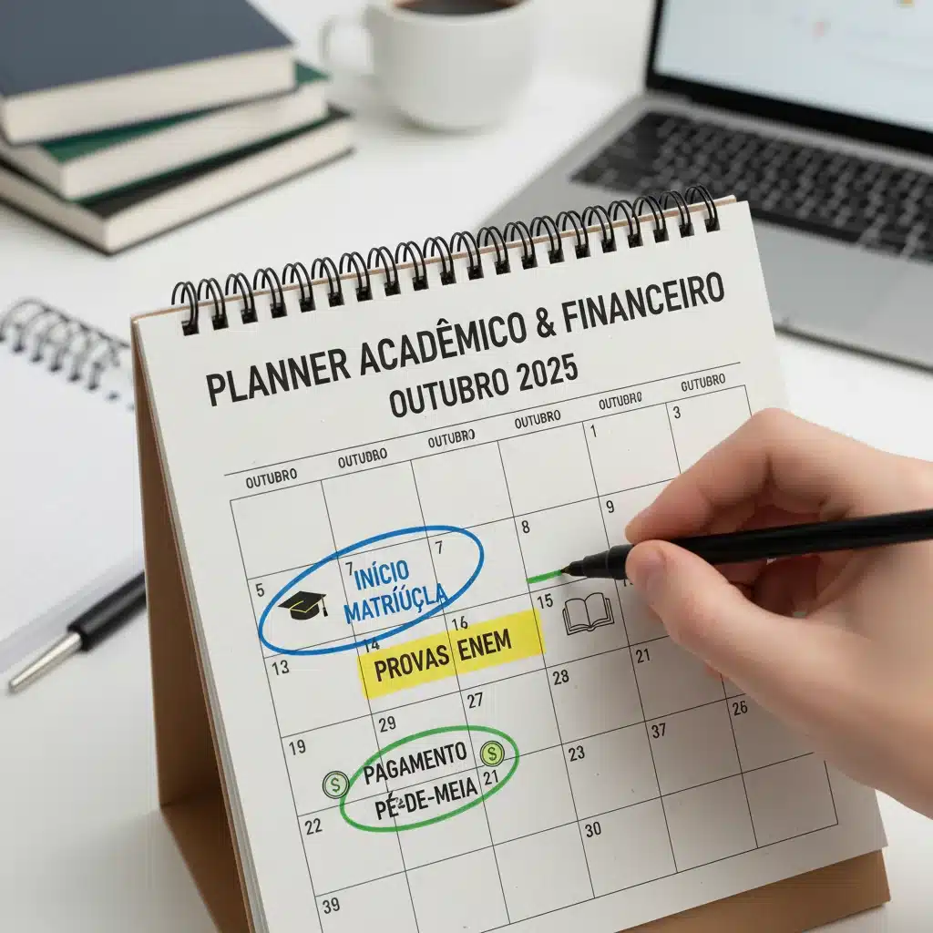 Calendário escolar com datas importantes para o Pé-de-Meia e exames como o ENEM.