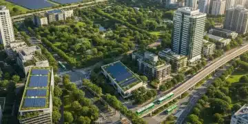 Vista aérea de uma cidade brasileira moderna e sustentável com infraestrutura inteligente e energia renovável.