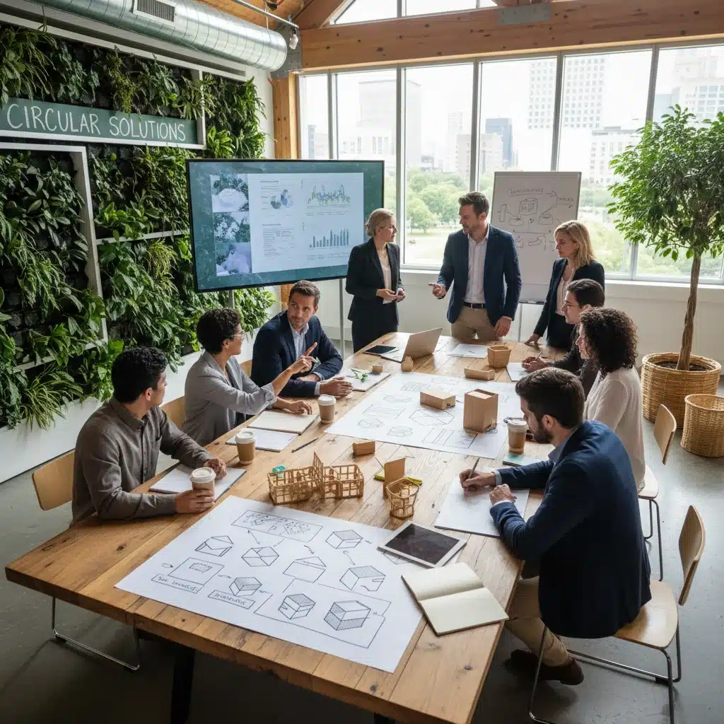 Profissionais colaborando em soluções de design circular e redução de resíduos.