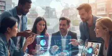 Pessoas diversas colaborando digitalmente em um projeto social, com gráficos e comunicação online