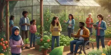 Grupo comunitário diverso colaborando em projeto de sustentabilidade financeira com símbolos de crescimento e inovação.