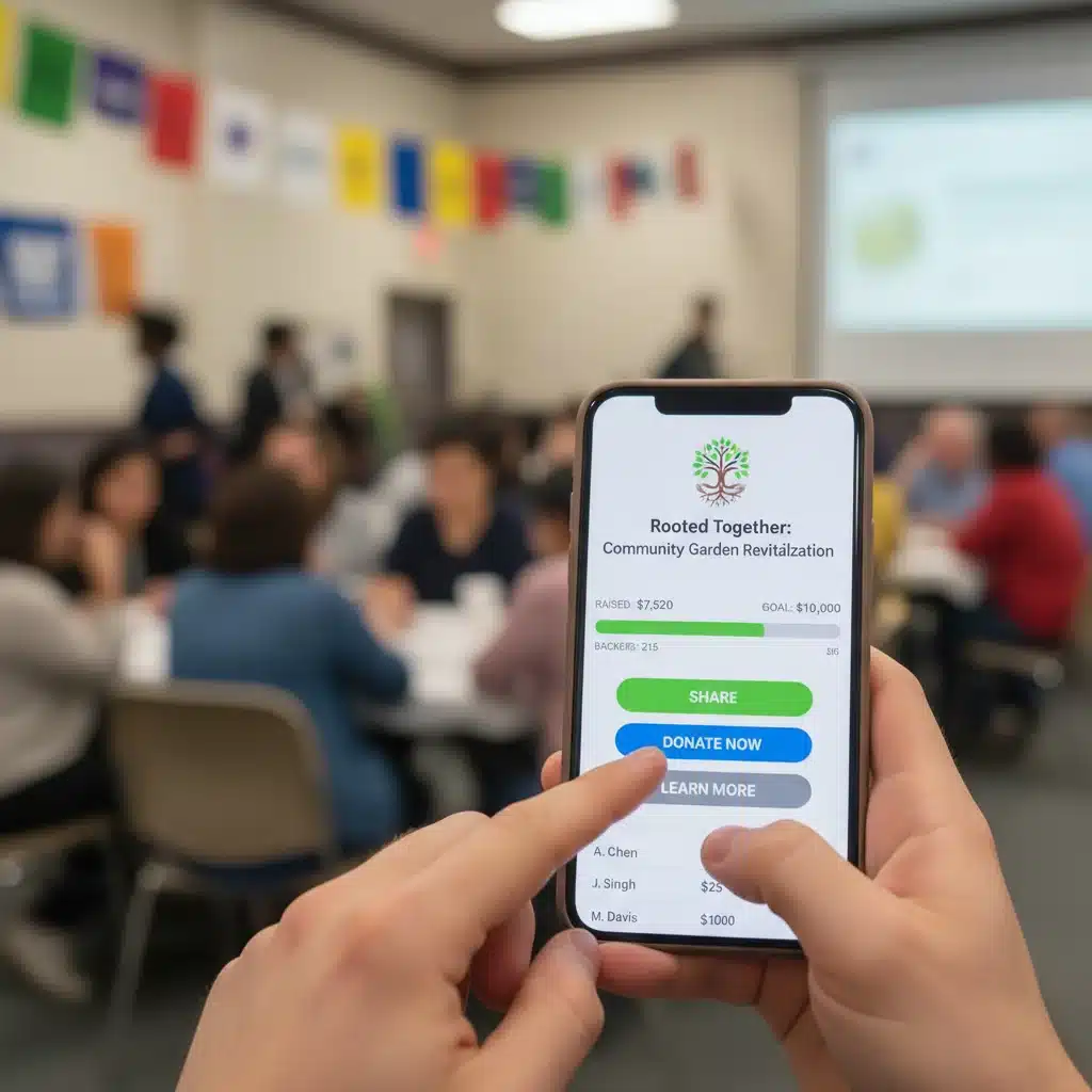 Tela de smartphone mostrando campanha de crowdfunding para projeto comunitário, com progresso e botões de doação.