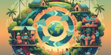 Ilustração de economia circular no Brasil, com reciclagem, energia renovável e colaboração.