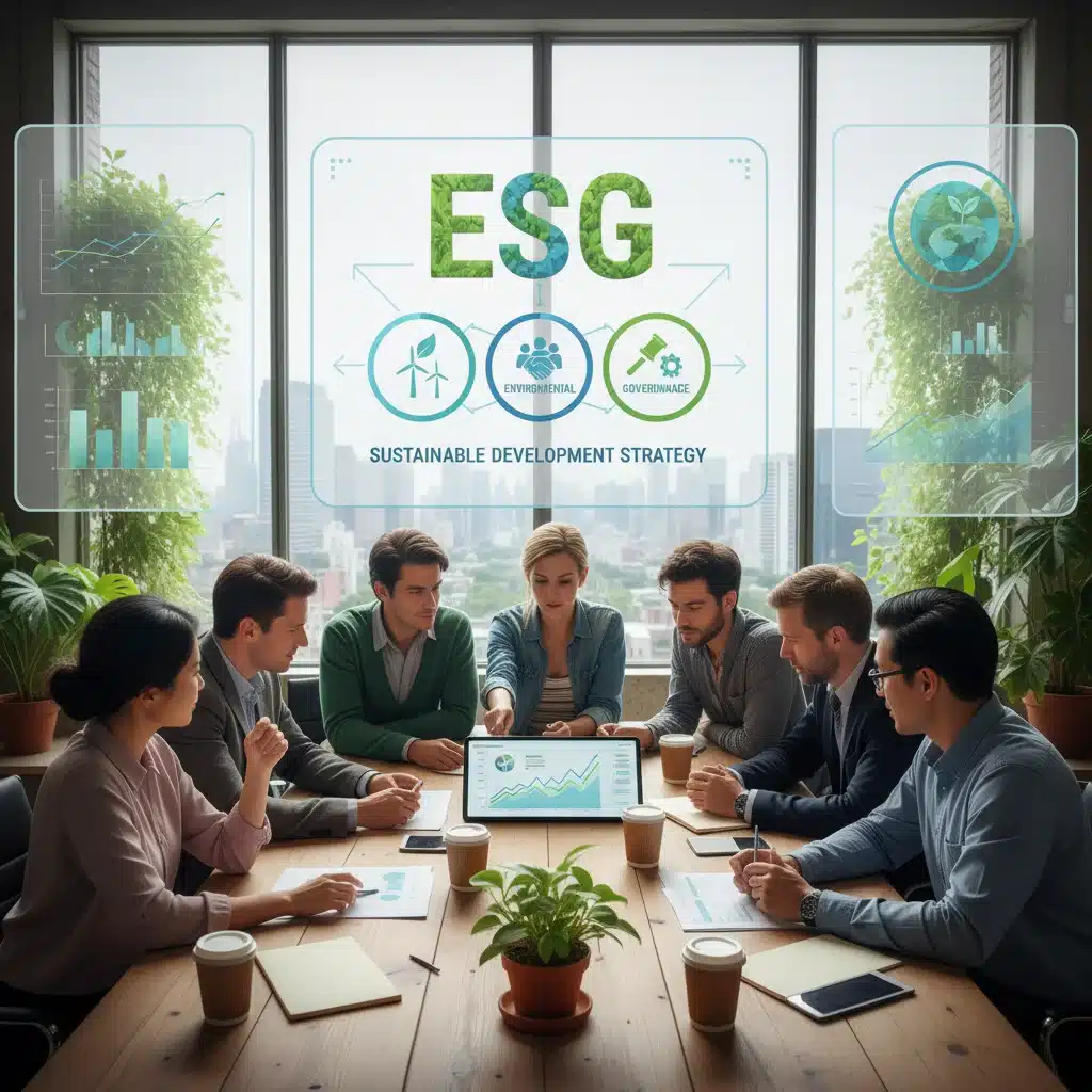Equipe de profissionais colaborando em um escritório sustentável, analisando métricas de ESG e planejamento estratégico.