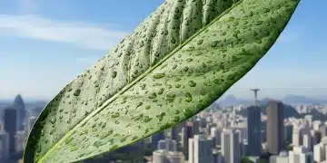 Folha verde com gotas de água, representando sustentabilidade e o compromisso ambiental no Brasil.