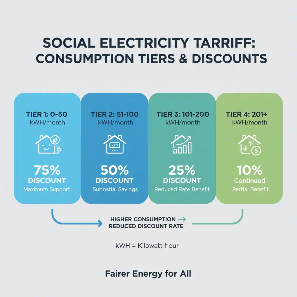 Gráfico explicativo sobre os níveis de desconto da Tarifa Social de Energia Elétrica 2026 por faixa de consumo