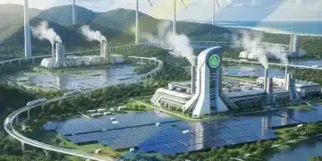 Indústria brasileira futurista com tecnologias verdes e energia renovável, simbolizando produção sustentável no Brasil 2026.