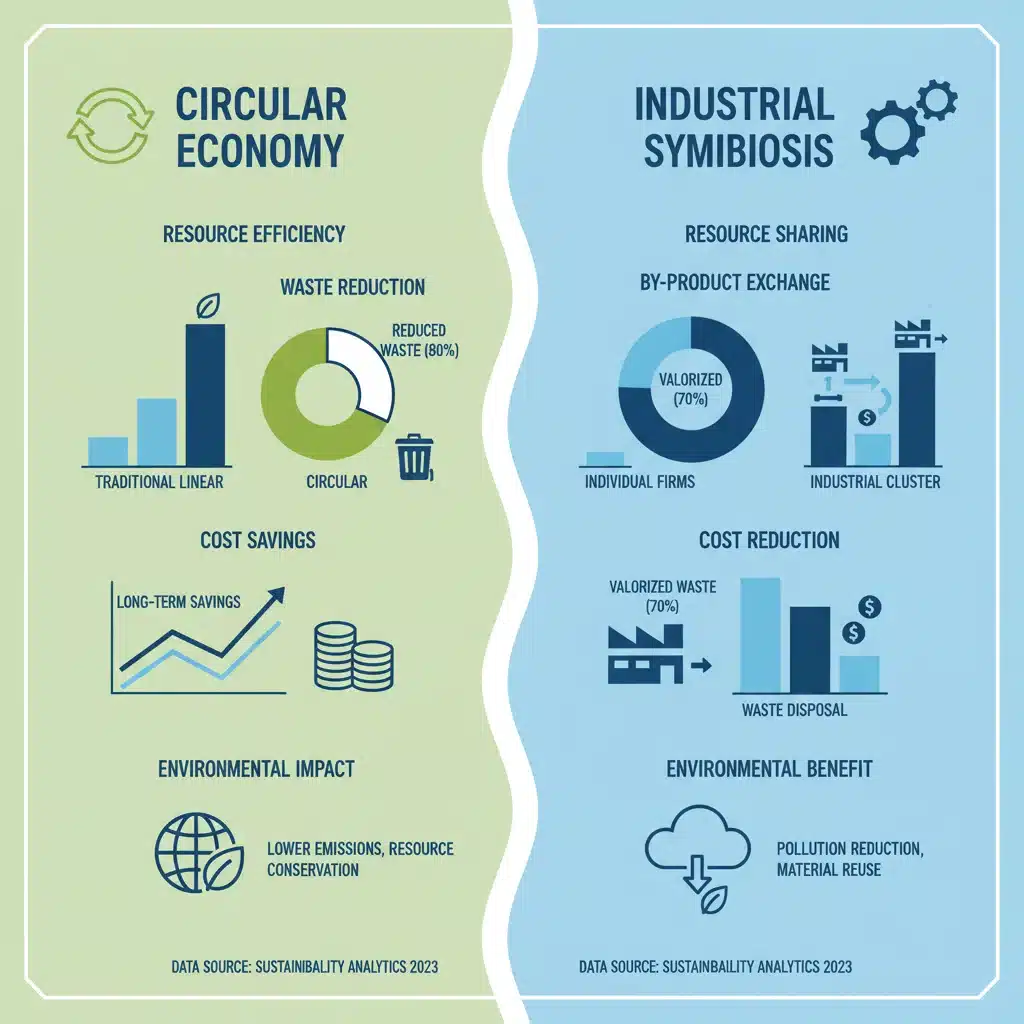 Infográfico comparativo de economia circular e simbiose industrial na produção sustentável.