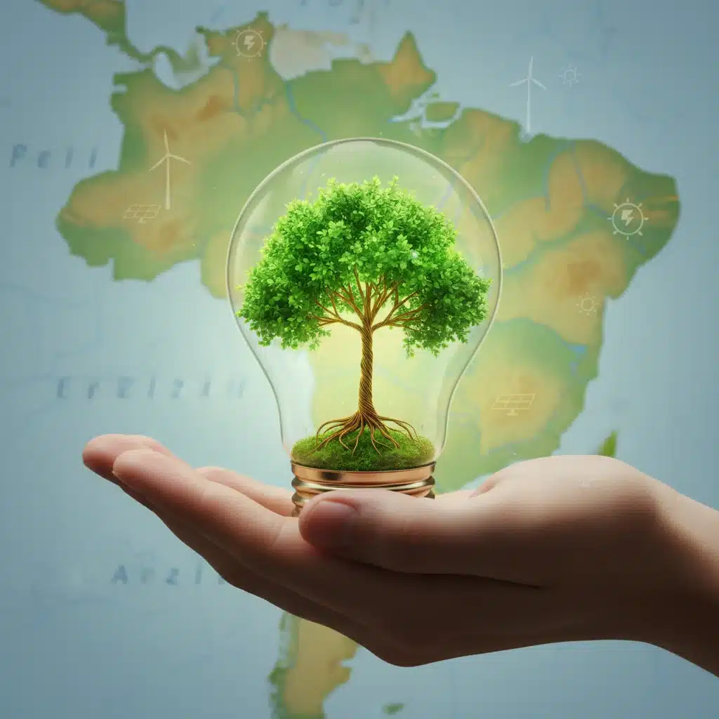 Mão segurando uma pequena árvore crescendo de uma lâmpada, simbolizando inovação e energia verde no Brasil.