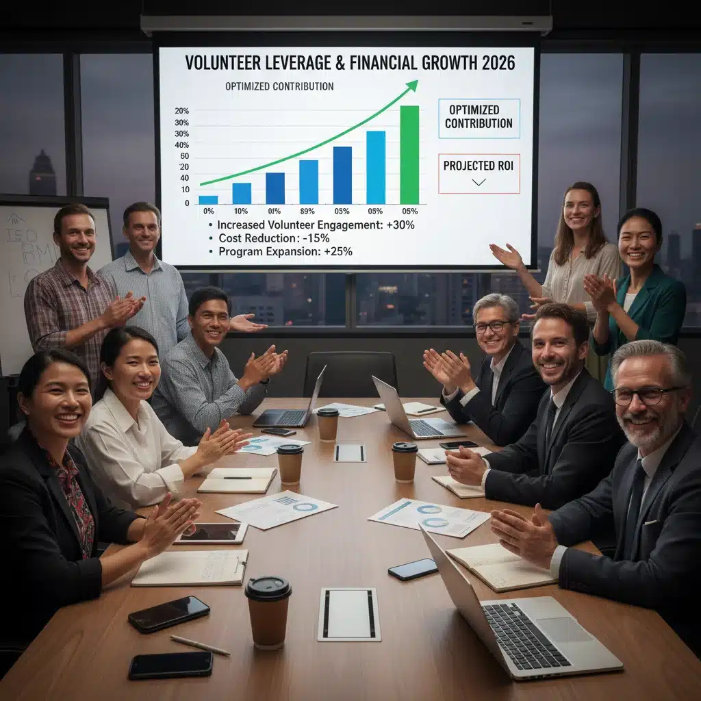 Líderes de ONGs analisando relatórios financeiros e planejando estratégias para maximizar o valor do voluntariado em 2026.