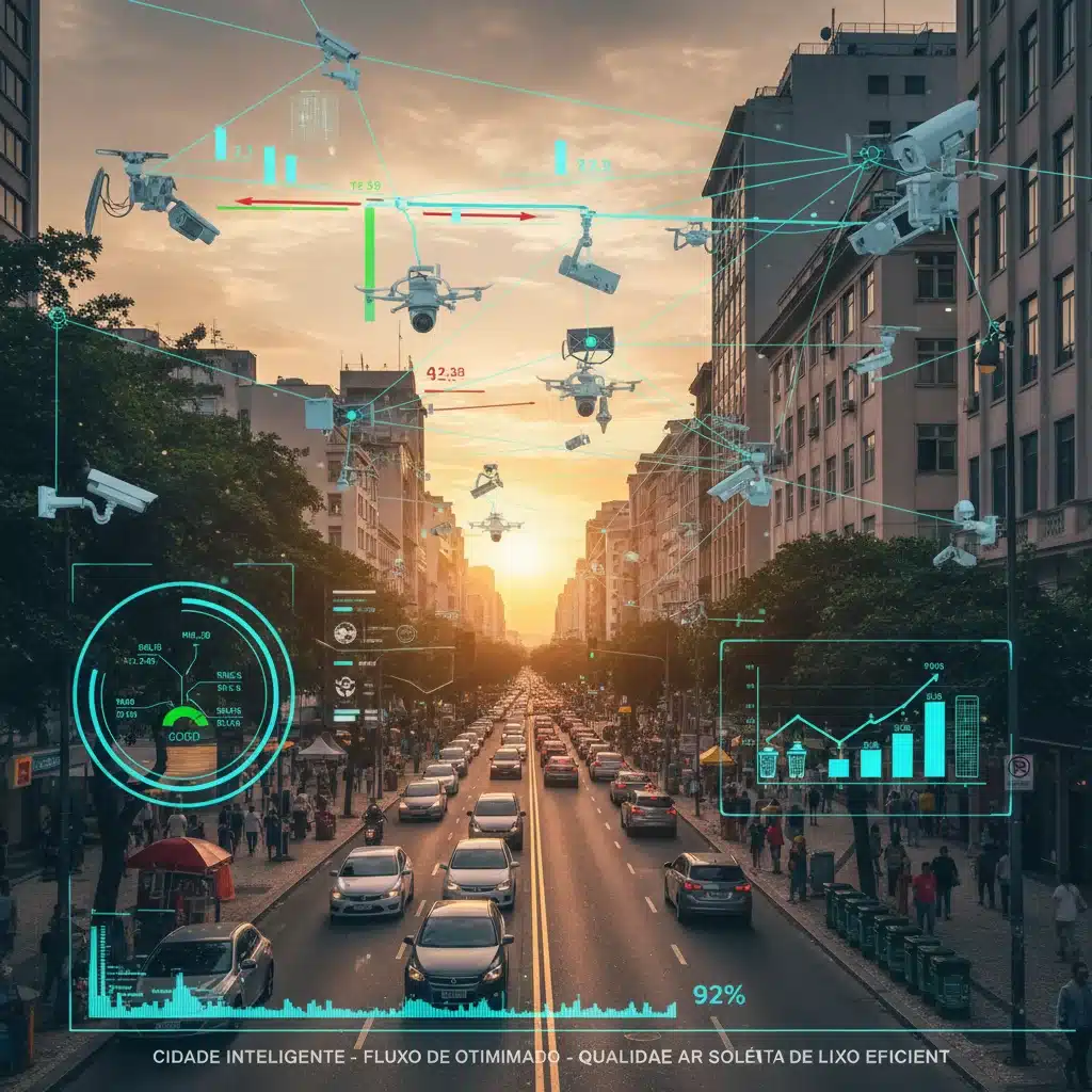 Sensores urbanos monitorando tráfego e qualidade do ar em uma rua movimentada de cidade inteligente.
