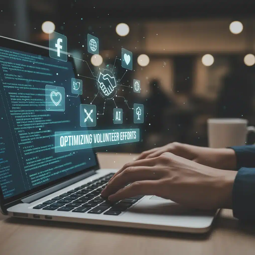 Mãos digitando em laptop com ícones de tecnologia e IA, simbolizando a otimização do voluntariado por meio da inovação.