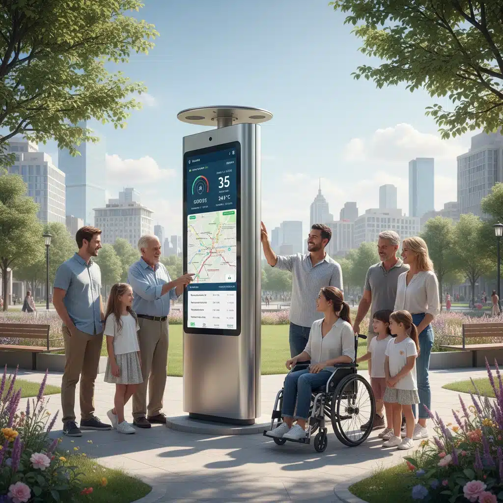 Pessoas interagindo com um totem inteligente em um parque urbano, acessando informações em tempo real.